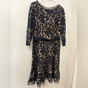 Tadashi Shoji Elegant Navy Lace Overlay Dress with Nude Lining - size 10